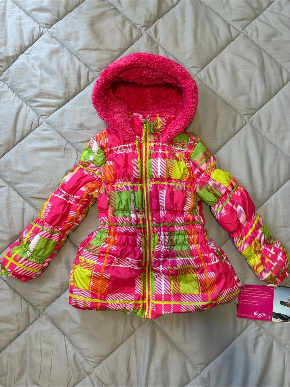 Big Chill Girls' Bright Pink Plaid Hooded Puffer Jacket with Lime Accents